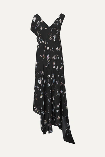 Preen Line Dana Asymmetric Floral-print Crepe De Chine Midi Dress In Black