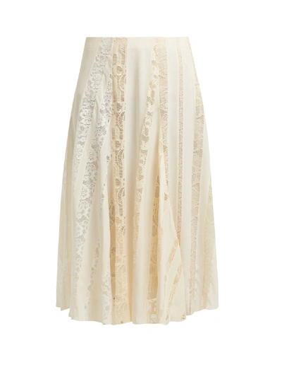 Chloé Lace-paneled Silk Crepe De Chine Midi Skirt In Ivory