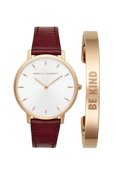 Rebecca Minkoff Major Bordeaux 35mm Watch & Rose Gold Bangle Gift Set In Silver