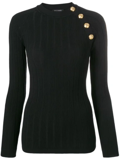 Balmain Button-embellished Ribbed Cotton-blend Turtleneck Sweater In Black