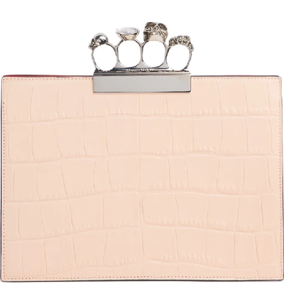 Alexander Mcqueen Croc Embossed Leather Knuckle Clutch In Colurie/ Ivory