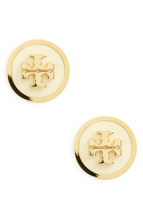 Tory Burch Raised Logo Stud Earrings In New Ivory / Tory Gold 