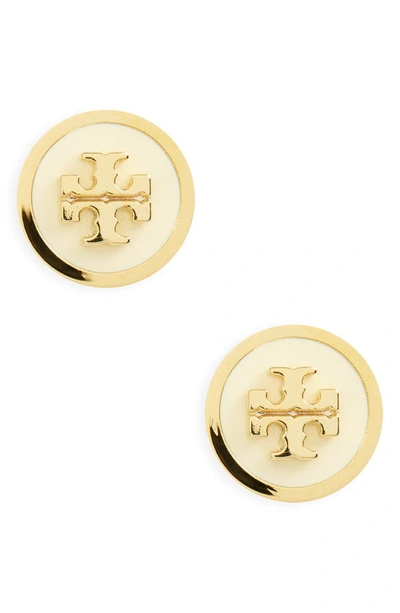 Tory Burch Enamel Raised Logo Stud Earrings In Ivory/gold