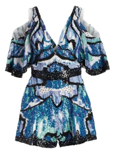 Zuhair Murad Wings Sequin Embroidered Romper In Butterfly Wave Blue