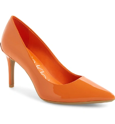 Calvin Klein 'gayle' Pointy Toe Pump In Orange Patent Leather