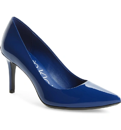 Calvin Klein 'gayle' Pointy Toe Pump In Royal Blue Patent Leather