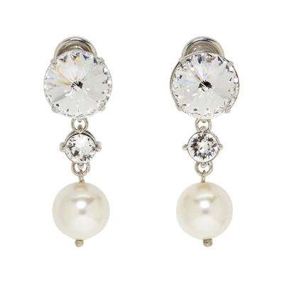 Miu Miu Silver Crystal And Pearl Clip-on Earrings In F0qcd Cream