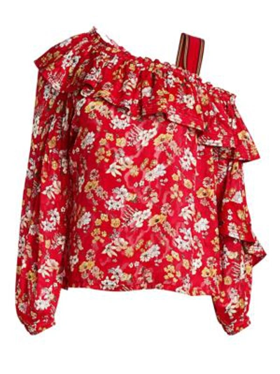 Derek Lam 10 Crosby Asymmetric Floral Silk-blend Blouse In Red
