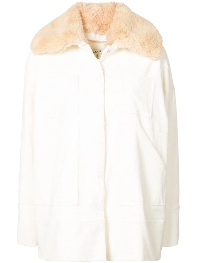 Ganni Faux Fur-trimmed Cotton-blend Corduroy Jacket In Off White