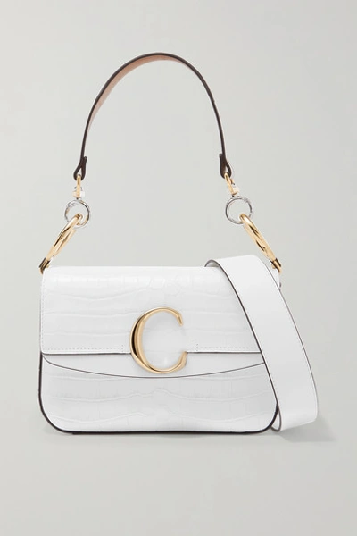 Chloé C Small Leather-trimmed Croc-effect Shoulder Bag In White