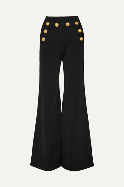 Balmain Button-embellished Stretch-knit Flared Pants In Black