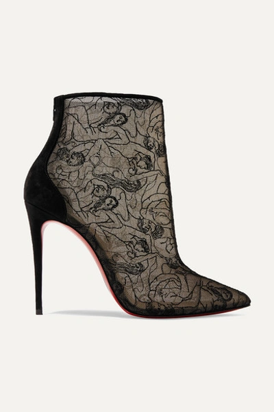 Christian Louboutin Psybootie 100 Suede-trimmed Embroidered Mesh Ankle Boots In Black