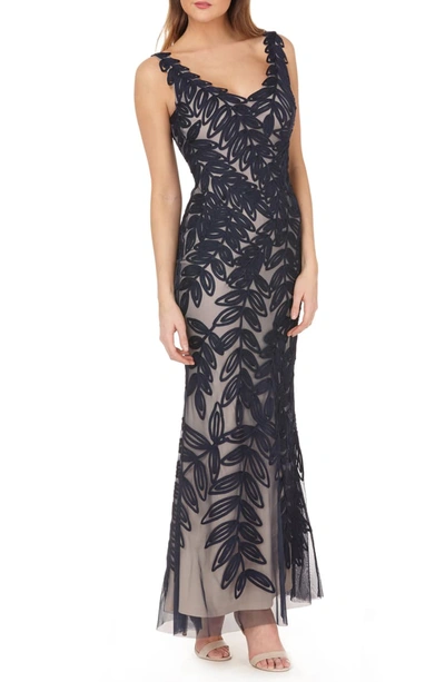 Js Collections Leaf Soutache Trumpet Gown In Navy/ Nude