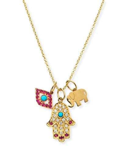 Sydney Evan 14k Evil Eye, Hamsa & Elephant Trio Pendant Necklace In Gold