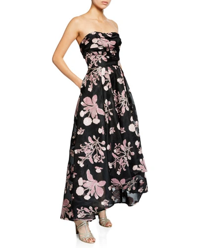 Marchesa Notte Strapless Floral Embroidered High-low Fil-coupe Dress In Black