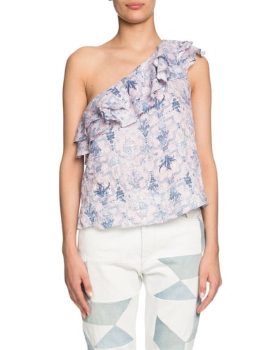 Isabel Marant Thomy One-shoulder Patterned Ruffle Top In Pink