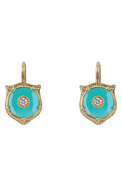 Gucci Le Marche Des Merveilles 18k Yellow Gold Feline Head Turquoise & Diamond Drop Earrings In Blue/gold