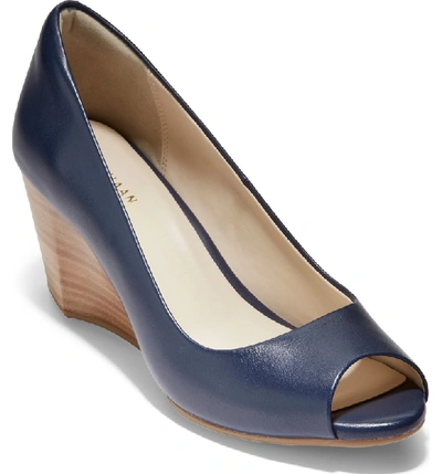 Cole Haan Sadie Open Toe Wedge Pump In Marine Blue Leather