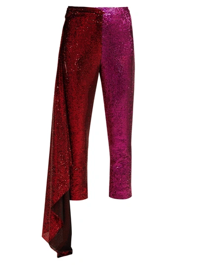 Halpern Draped Tulle-paneled Sequined Satin Straight-leg Pants In Red