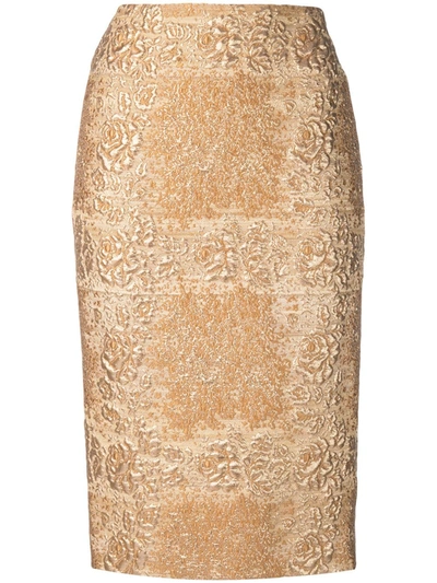 Valentino Floral-tartan Below-the-knee Pencil Skirt In Gold