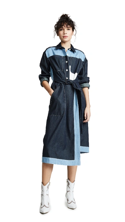 Colovos Belted Two Tone Shirtdress In Dark Blue/light Blue