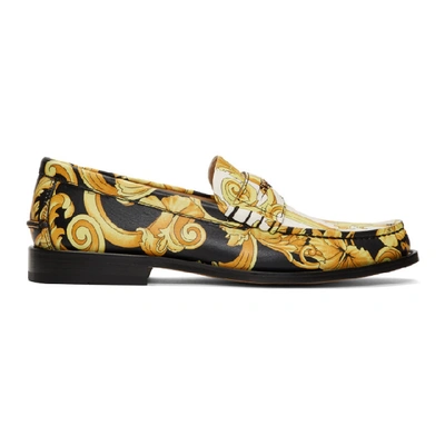 Versace Vitello Leather Printed Loafers In Black White Gold