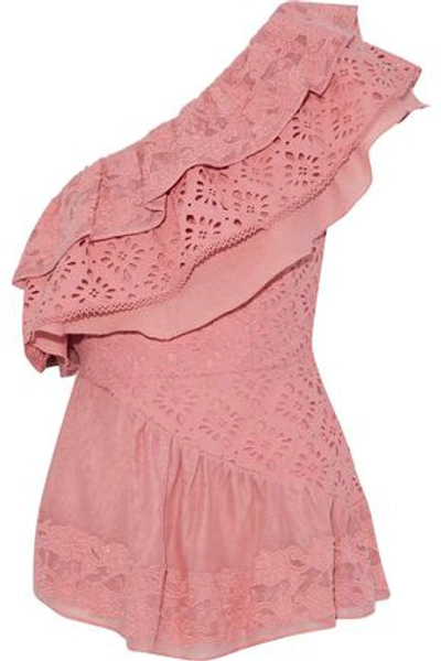 Love Sam Woman One-shoulder Broderie Anglaise, Gauze And Embroidered Woven Cotton Top Bubblegum