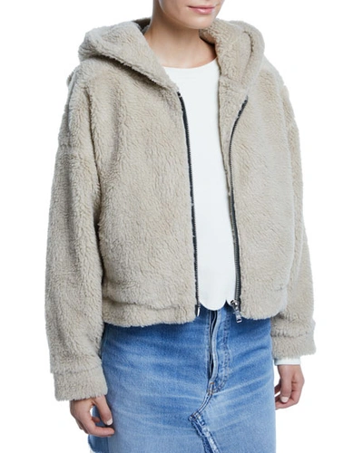 Re/done Faux-fur Zip-front Hoodie With Animal Ears In Tan