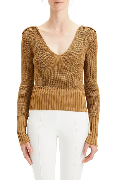 Theory Back-collar Long-sleeve Roving Cropped Sweater In Toffee
