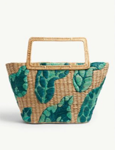 Aranaz Cherine Embroidered Raffia Top-handle Bag In Natural Green