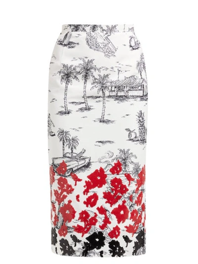 N°21 Palm-print Sequinned Twill Pencil Skirt In Stampa Fondo Bianco