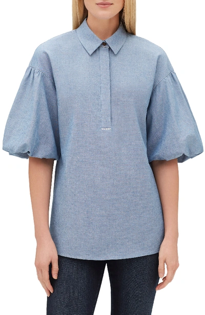 Lafayette 148 Pia Short Puff-sleeve Blouse With Chain Trim In Chambray