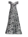 Rene Ruiz Off-the-shoulder Fil Coupé Sequin Ball Gown In Pewter