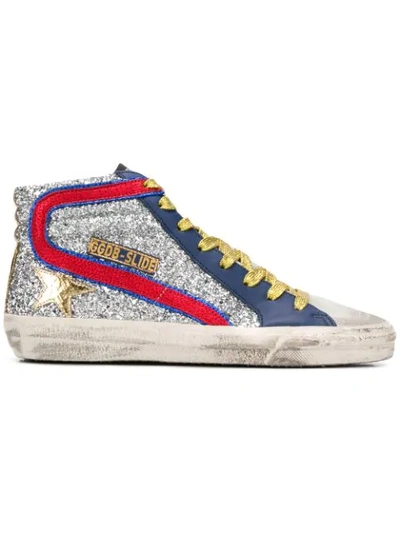 Golden Goose Slide High-top Glitter Leather Trainers In Silver