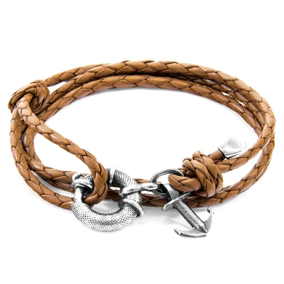 Anchor & Crew Light Brown Clyde Anchor Silver And Braided Leather Bracelet