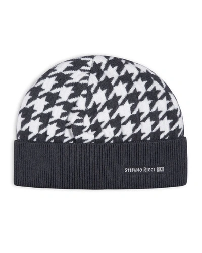 Stefano Ricci Men's Houndstooth Ski Beanie Hat In Black