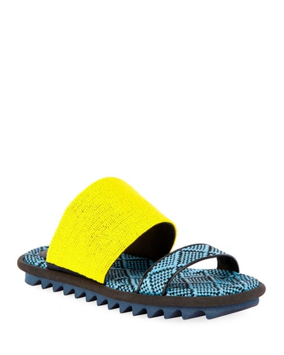 Dries Van Noten Sport-sole Raffia-leather Slides In Yellow/blue
