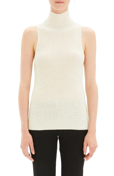 Theory Plaited Sleeveless Knit Turtleneck Sweater In Ivory/white