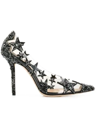 Jimmy Choo Lisha 100 Black And Smoke Mix Plexi Star Patchwork Pointy Toe Pumps With Crystals
