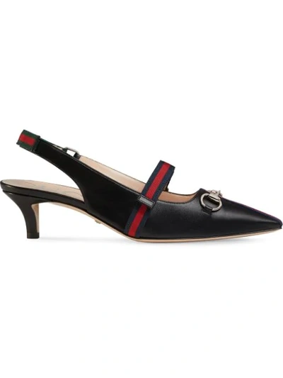 Gucci Horsebit-detailed Grosgrain-trimmed Leather Slingback Pumps In Nero