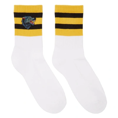 Gucci White Striped Wolf Socks In 9060 Wt/blk