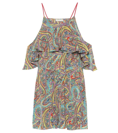 Etro Cold-shoulder Ruffled Printed Silk-charmeuse Playsuit In Blue