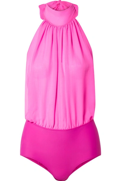 Emilio Pucci Gathered Silk-chiffon And Stretch-jersey Halterneck Bodysuit In Fuchsia