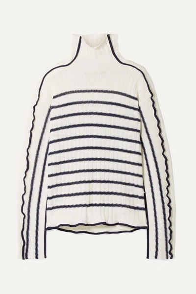 Sies Marjan Harrie Canvas-trimmed Striped Ribbed Linen Turtleneck Sweater In Ivory