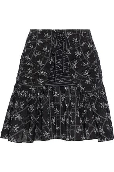 Cinq À Sept Amelia Lace-up Printed Cotton-voile Mini Skirt In Black