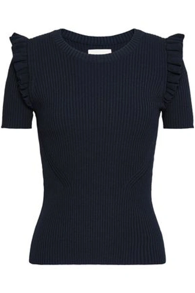 Cinq À Sept Ruffle-trimmed Ribbed-knit Top In Navy