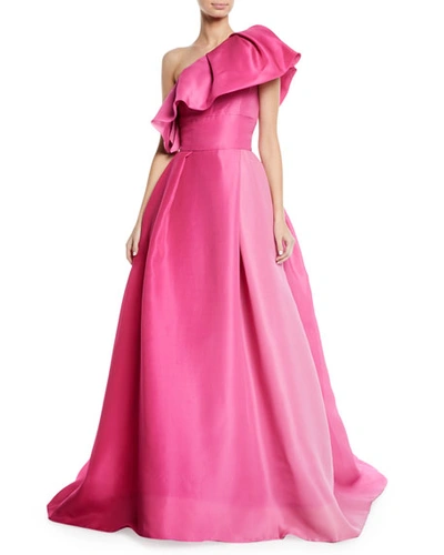 Monique Lhuillier One-shoulder Ruffle-neckline Ball Gown In Pink
