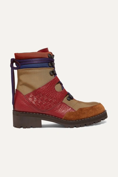 Bottega Veneta Intrecciato Color-block Canvas, Textured-leather And Suede Ankle Boots In Multi