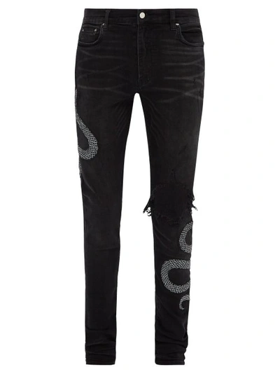 Amiri Skinny-fit Appliquéd Distressed Stretch-denim Jeans - Black