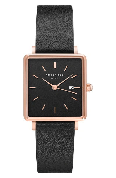 Rosefield The Boxy Rose Gold-tone Black Leather Watch, 26mm X 28mm In Black/ Rose Gold